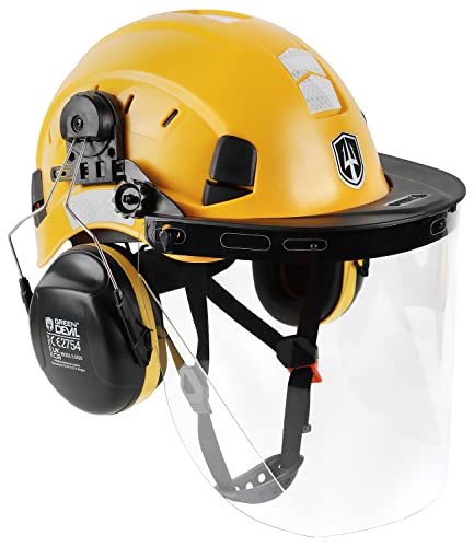 GREEN DEVIL チェーンソー保護ヘルメットフォレスト保護ヘルメット安全ヘルメット耳栓と顔面保護バイザー付き3 in1ヘルメットセット耐衝撃性通気性作業ヘルメットEN397＆EN352-3