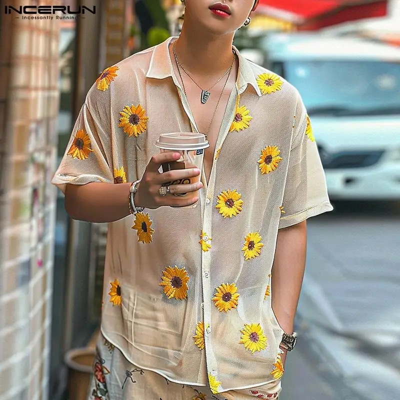 Inerun-男性用フラワープリント透明ラペル半袖シャツ夏の服カジュアルなストリートウェアファッションS-5XL2024 - 200000343