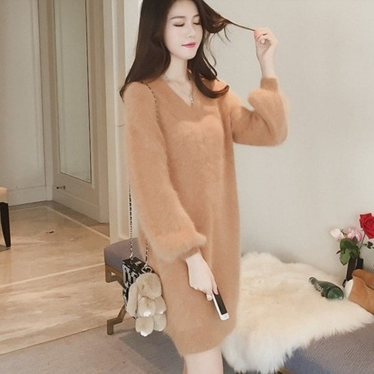 1908.ふわふわニットワンピース（ブラウン）2019 春夏 sale ドレス タイト Vネック 長袖 ミディアム エレガント お呼ばれ パーティー 女子会 レストラン デート