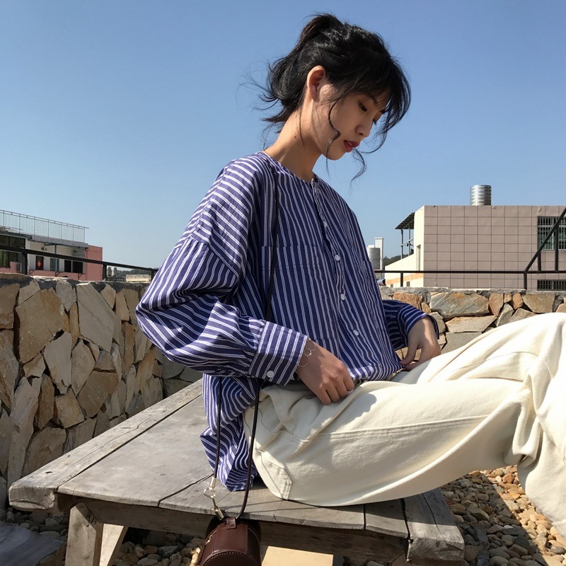 クルーネックストライプシャツ ゆったり 着回し カジュアル 軽やか 0381t