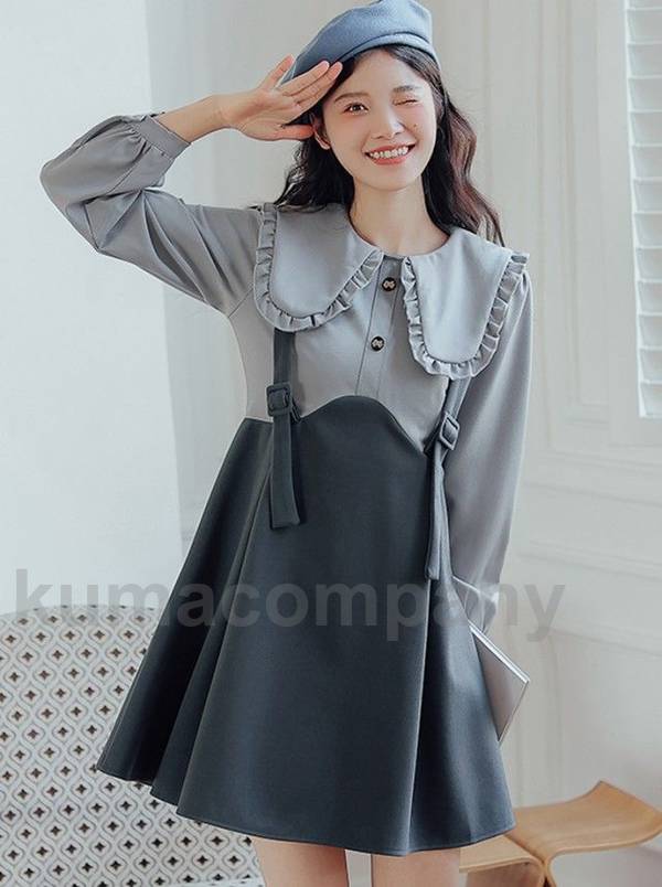 ビッグカラー ミニワンピース 春秋 切り替えワンピース ワンピース レディース 長袖 ミニ丈 Aライン フレア 大きいサイズ 春 秋 ジャンパースカート風 Aラインワンピース 大人可愛い レトロ カジ