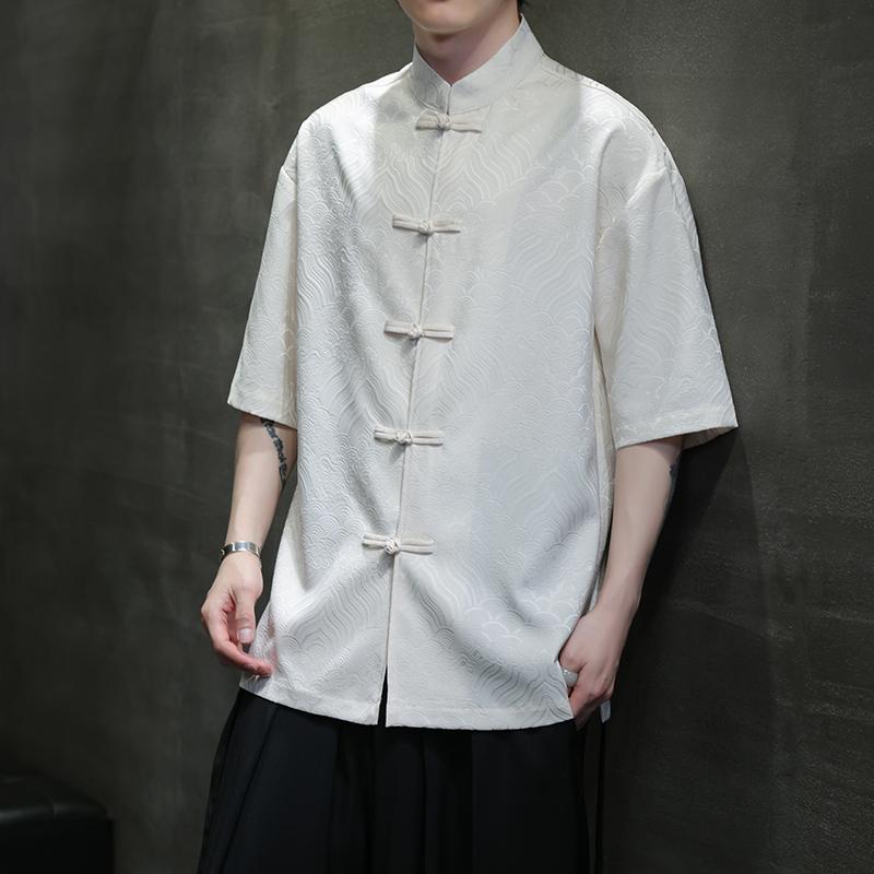 チャイナ シャツ メンズ 中華風 夏 カジュアル レトロ トップス 半袖 5分袖 薄手 漢服 ホワイト ブルー