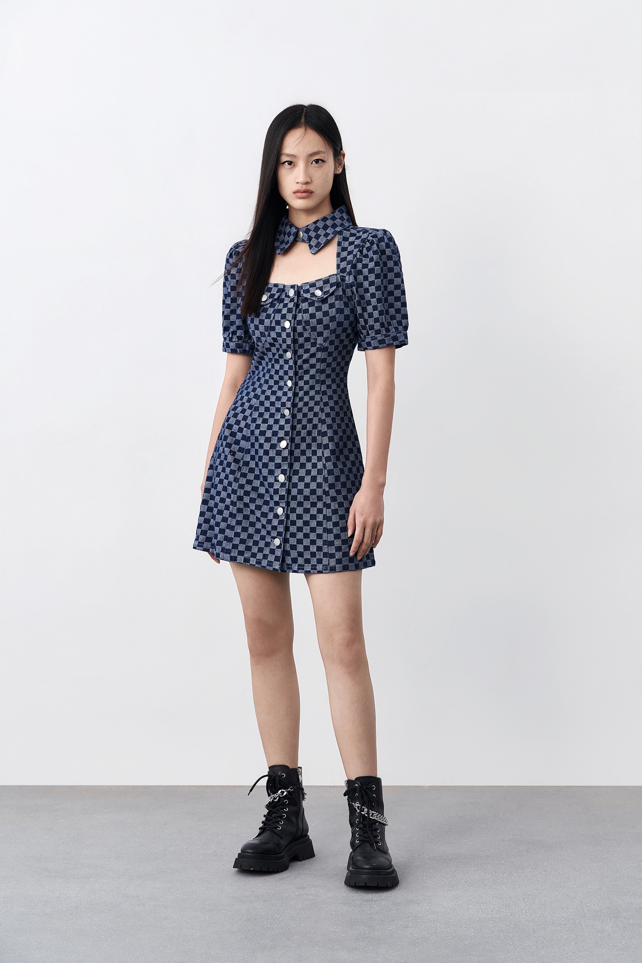 春 夏 レディース ソルト スタイル トレンド クール チェッカー ボード デニム トレジャー 胸元すっきり ドレス ワンピース ブルー XS S M L XL ワンピース 膝上 袖あり 半袖