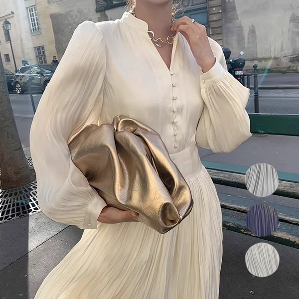 ３色展開 レディース ワンピース ドレス ロングスカート ロング 長袖 ボリューム袖 ランタンスリーブ ハイネック セミフレア Aライン タックプリーツ サテン ウエストマーク ハイウエスト