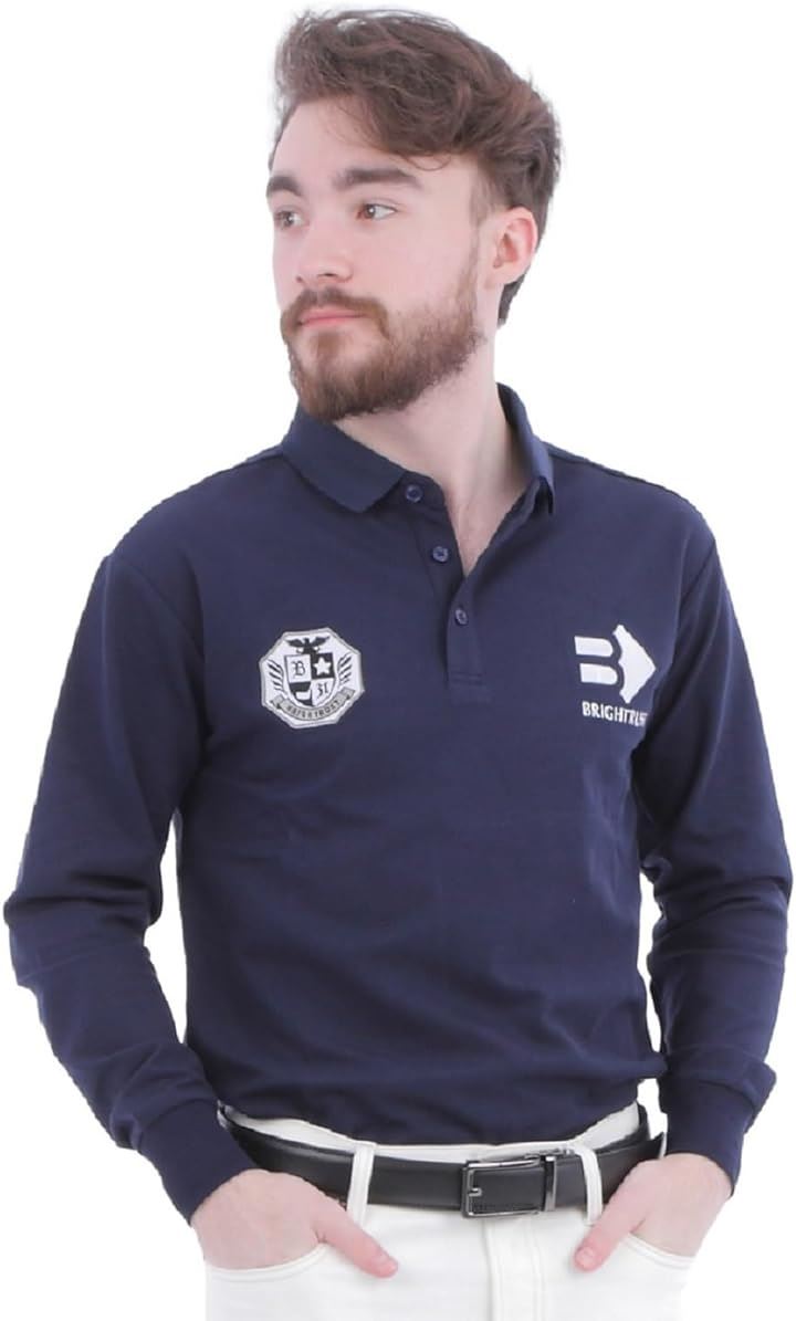 ポロシャツ メンズ ゴルフ ウエア 長袖 100% 綿 コットン ウェア 刺繍 おしゃれ 無地( ネイビー, XL)