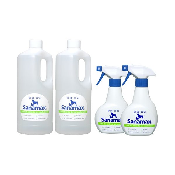 ペット用除菌消臭剤 サナマックス 1L×2本 スプレーボトル2本付【6個セット】次亜塩素酸水 中性 100ppm ウイルス対策 感染対策 菌 生活臭 室内 介護施設 工場 日本製 国産