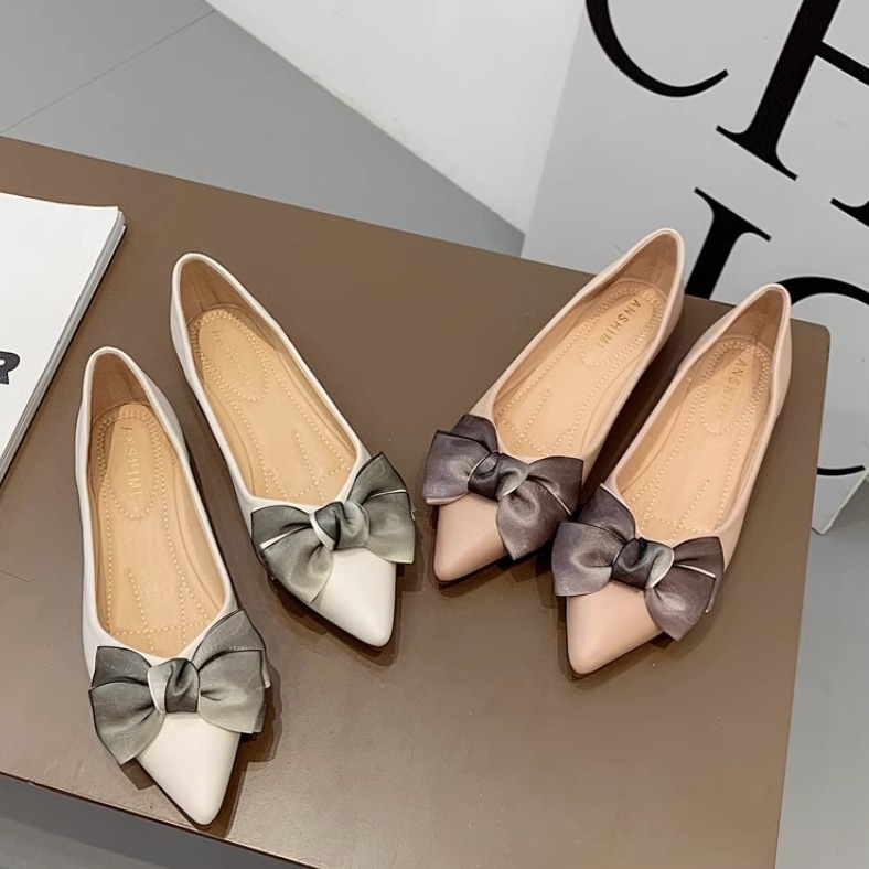 シューズ 靴 くつ クツ パンプス ポインデットトゥパンプス ぺたんこパンプス 1cmヒール フラット ポインデットトゥ リボン ふわふわ 歩きやすい PU かわいい 大人可愛い きれいめ シンプル
