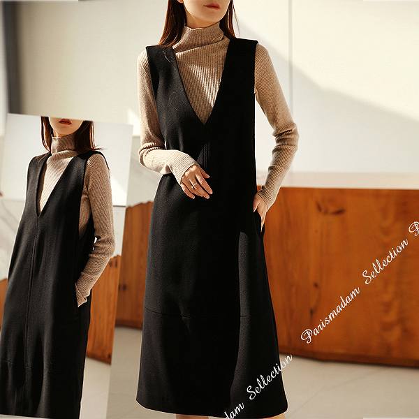 レア商品V襟ジャンバースカート　ミモレ丈　ひざ下丈　ダブルポケット　ブラック　大人　女子会　ほっそり効果大　ほっそり効果大通勤通学20代30代40代50代60代