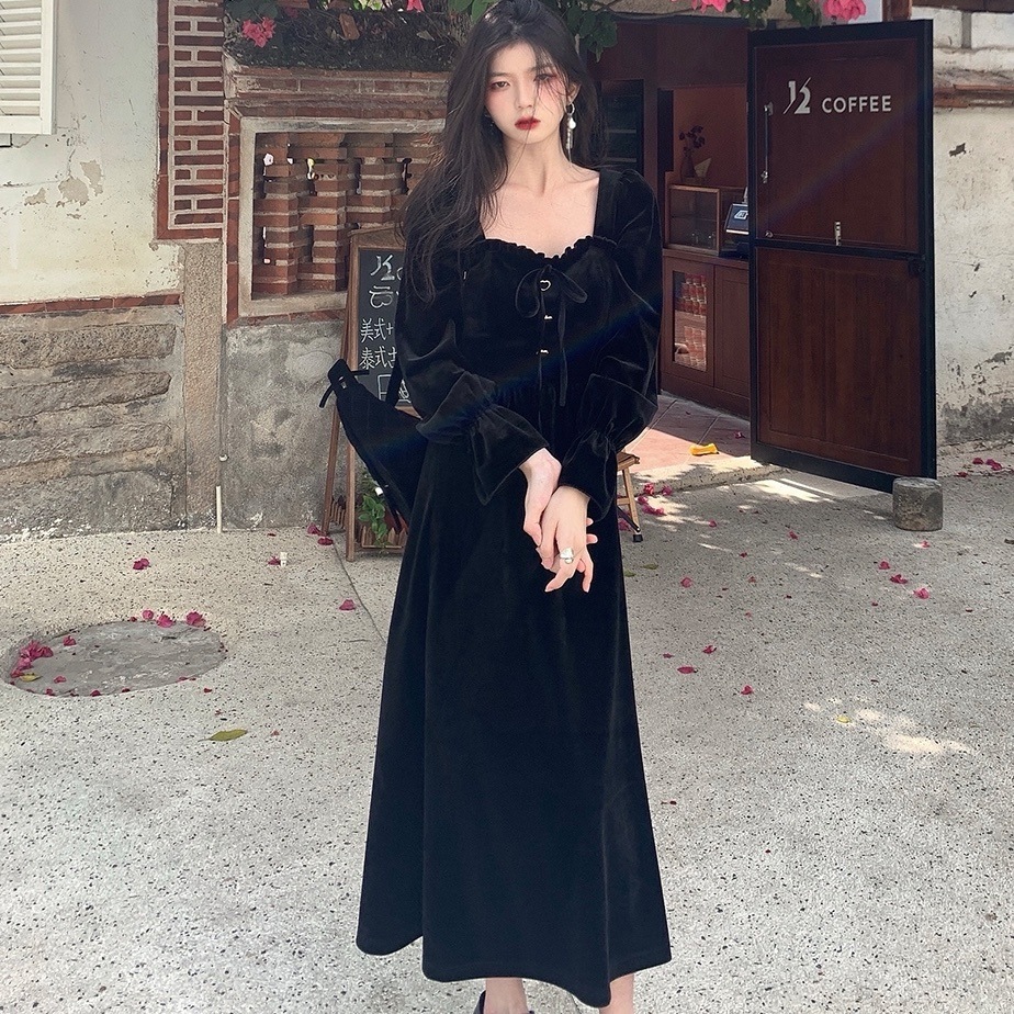 ワンピース フレアワンピース ロング ロング丈 長袖 リボン ウエストマーク ファスナー ベロア かわいい 大人可愛い きれいめ シンプル 上品 おしゃれ お洒落 かっこいい レトロ 大人女子
