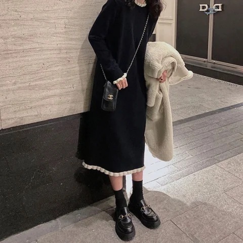 ロングスカートブラック痩身ボトミングセータースカート女性用長袖ニットドレス