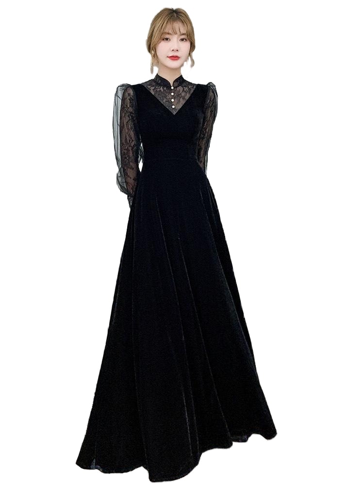 おしゃれロング ドレス パーティードレス 個性的 黒 袖あり 長袖 レース おしゃれ 結婚式 二次会 お呼ばれ フォーマル 演奏会 発表会 大人 かっこいい-971