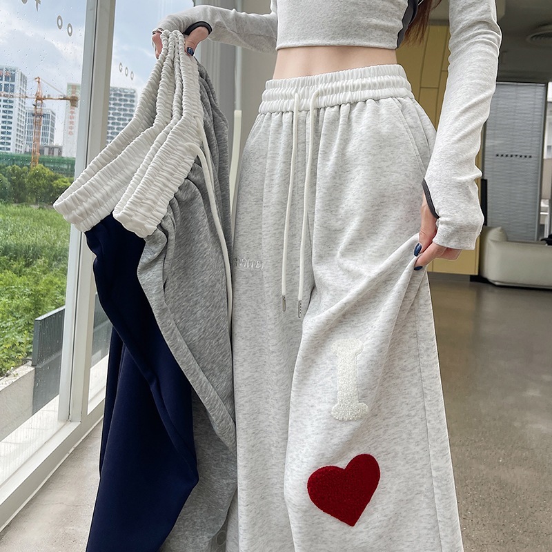 【1点ご購入 で10点プレゼントいたします】ハート刺繍スウェットパンツ女性秋のハイウエストゆったり垂下感小柄百合カジュアルワイドレッグスラックス