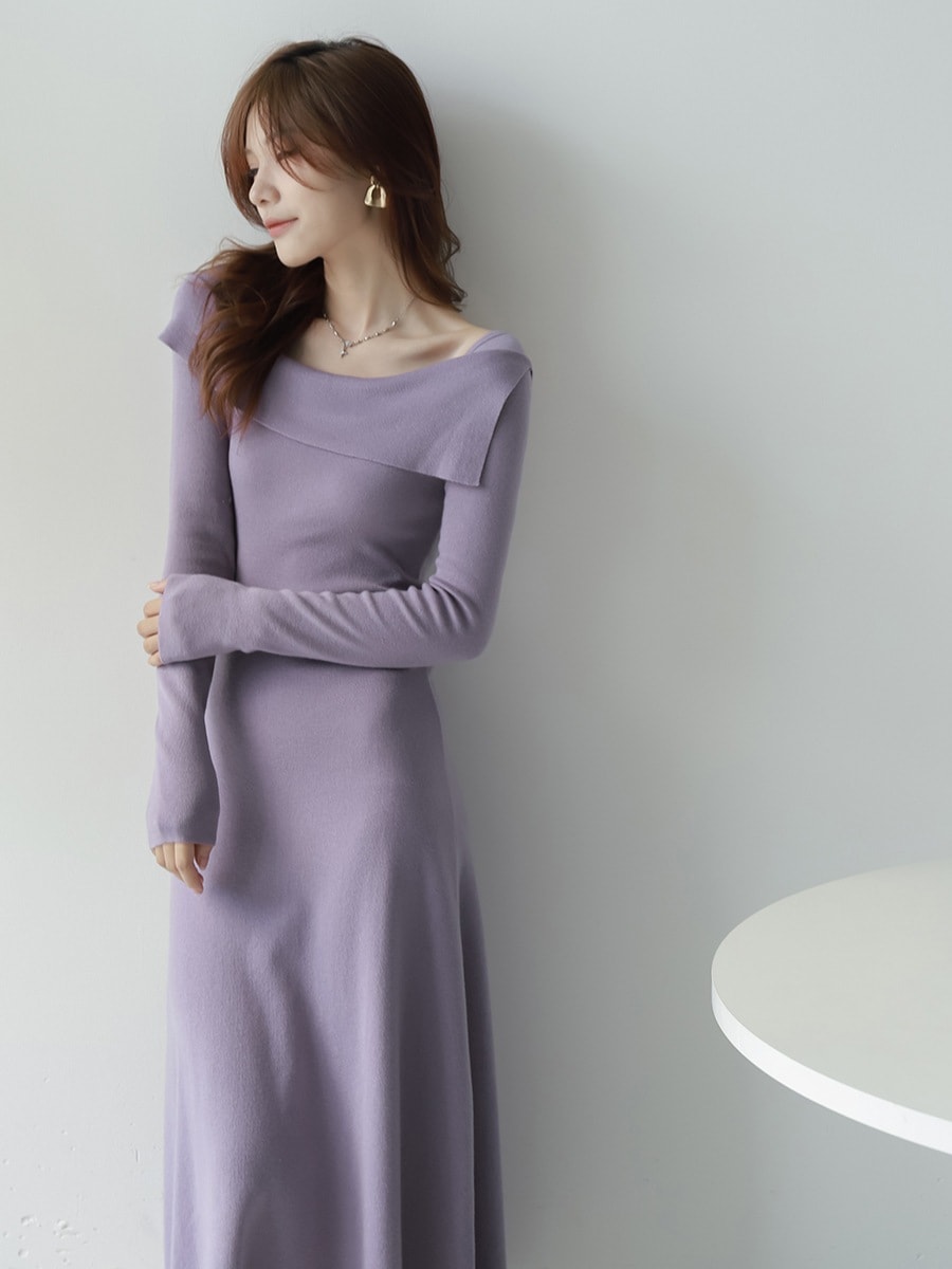 ワンピースドレス長袖ロングマキシ丈ワンピフランス風 着痩せ効果 ニットLFZ27 ファッション 春秋 ワンピース セミロング丈