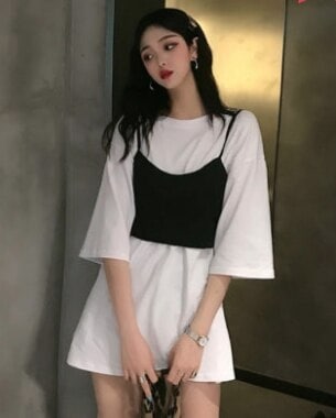 Tシャツビスチェセット レディース Tシャツ チュニック 五分袖 バッグリボン おしゃれ かわいい