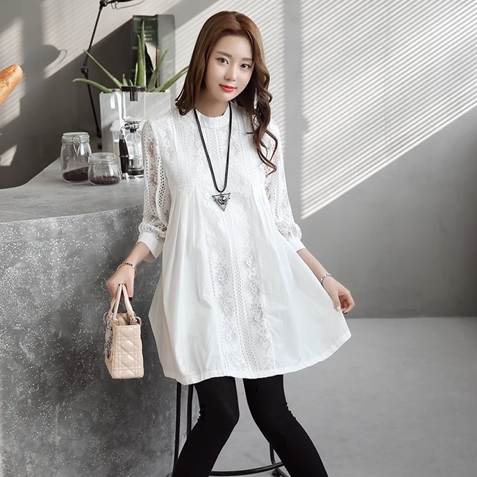 レディース マタニティ トップス シャツ ロング 7分袖 袖あり ハイネック 襟なし 刺繍 ファスナー 透け感 綿 かわいい 大人可愛い シンプル カジュアル おしゃれ レトロ キュート ナチュラル