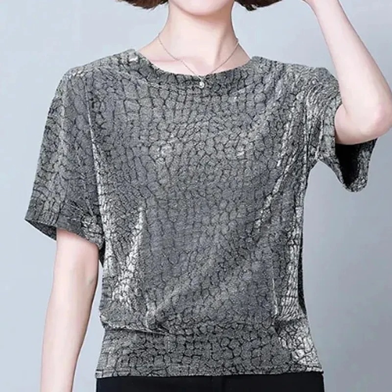 女性用スパンコール半袖ラウンドネックトップ,光沢のあるシルバーのゆったりとしたシャツ,通勤服,カジュアルファッション,14081 - AliExpress 200000345