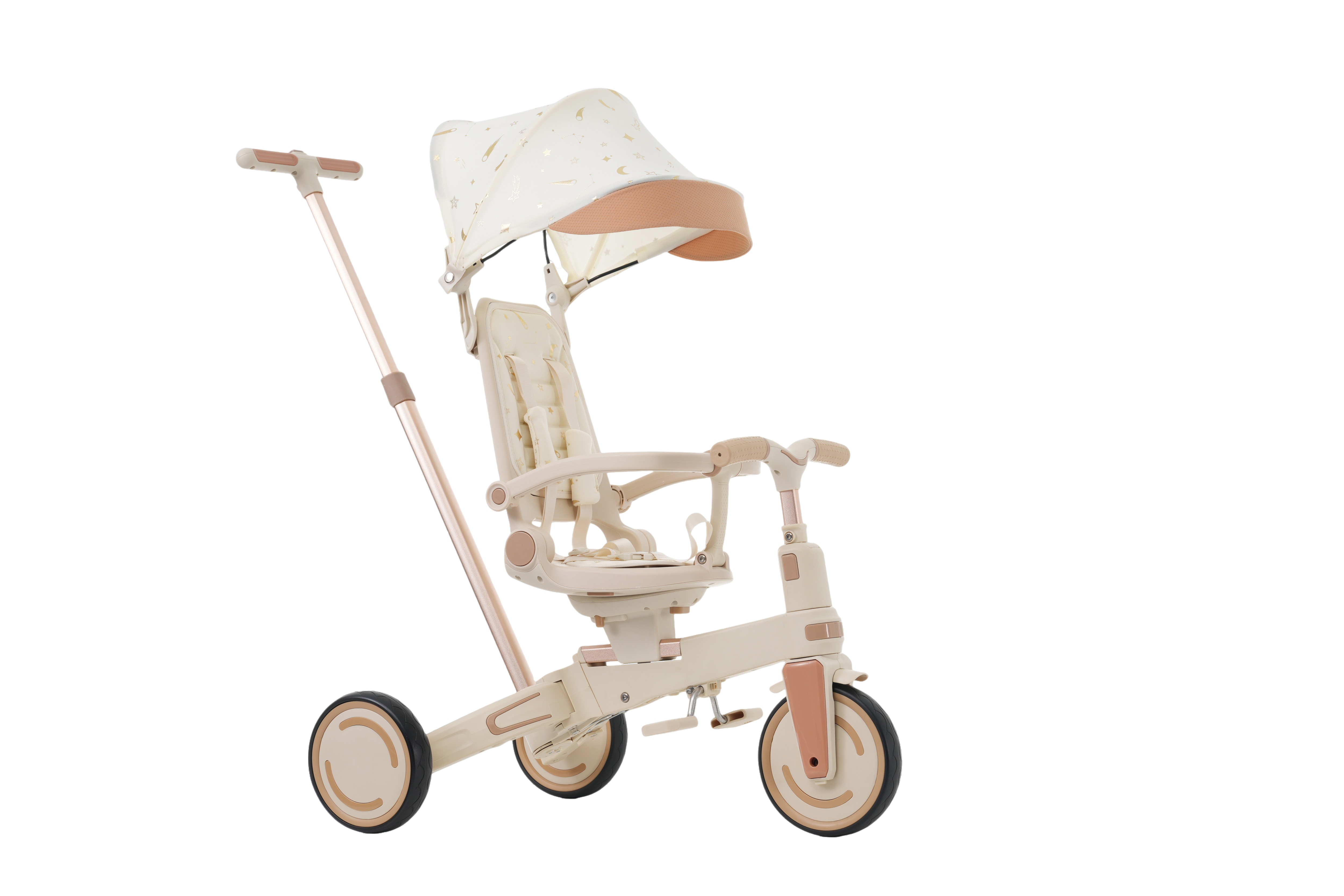 【国内急速出荷 品質保証】三輪車 ワンタッチ折りたたみ 高級 子供用三輪車（ベージュ×ブラウン） 三輪車のりもの サンシェード付き 安全バー付き シートベルト付き コントロールバー付き シート調整可