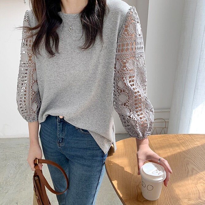 4color レディース トップス カットソー Tシャツ 長袖 長そで 7分丈 レース 袖レース 切