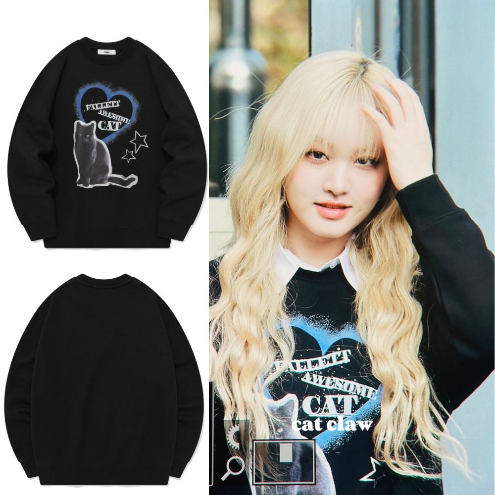 【IVE リズ 着用】 オーサムキャット起毛マンツーマンブラック 韓国ストリートファッション kpopアイドル着用 韓国限定 公式商品 韓国 スウェット レディース