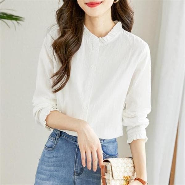 シャツ ブラウス レディース 長袖 スーツインナー スタンドカラー コットン とろみシャツ 無地 ホワイト 白シャツ オフィス ビジネス きれいめ 5,109円