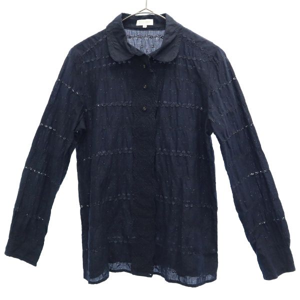 三陽商会 レース刺繍 長袖 ブラウス 38 ネイビー レディース