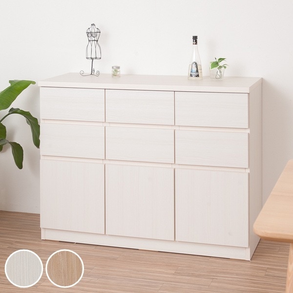 キャビネット 3段 スクエアキャビネット ロータイプ 引出し 約幅105cm リビング収納 ラック 扉付き カウンター下 A4サイズ対応 日本製 完成品 収納 壁面収納 窓下収納 ホワイト