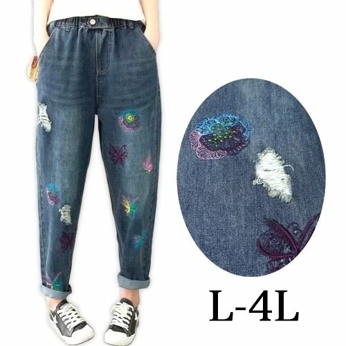 大きいサイズレディース パンツ ウエストゴム 大きいサイズ レディース デニム 刺繍 ししゅう 七分丈パンツ クロップドパンツ ゆったり 大きめ 春 夏 秋 冬 ボトムス ゴム LL 3L 4L 11