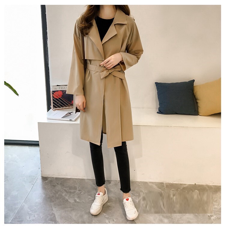 2色 アウター コート レディース 春 きれいめ 軽い トレンチコート ひざ丈 長袖 切り替えデザイン ドッキング アンブレラヨーク ベルト ウエストマーク ウエストリボン 前開き 黒 ブラック ベー
