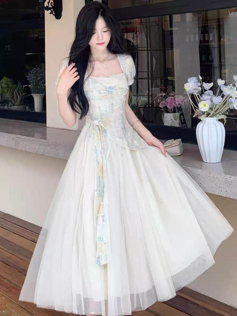 少女向けデザインセンスのある切り替えフェイクツーピースロング夏用大きいサイズスイートでスリムなプリンセス風