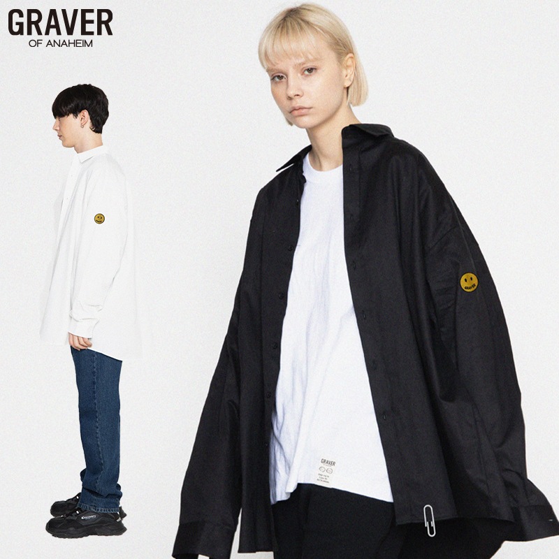 [UNISEX]ドットスマイル刺繍オーバーフィットワイシャツ_2color
