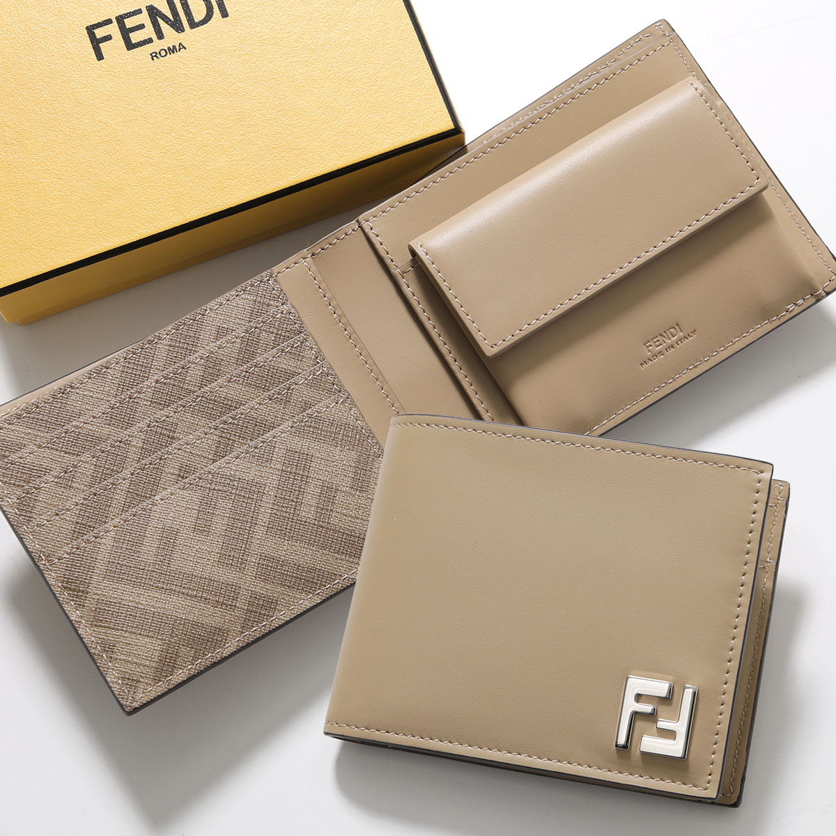 FENDI フェンディ 二つ折り財布 Bi-Fold Coin Wallet 7M0373 AV86 メンズ レザー メタルロゴ FF柄 ズッカ柄 ミニ財布 小銭入れあり F19VE/SAND+PAL