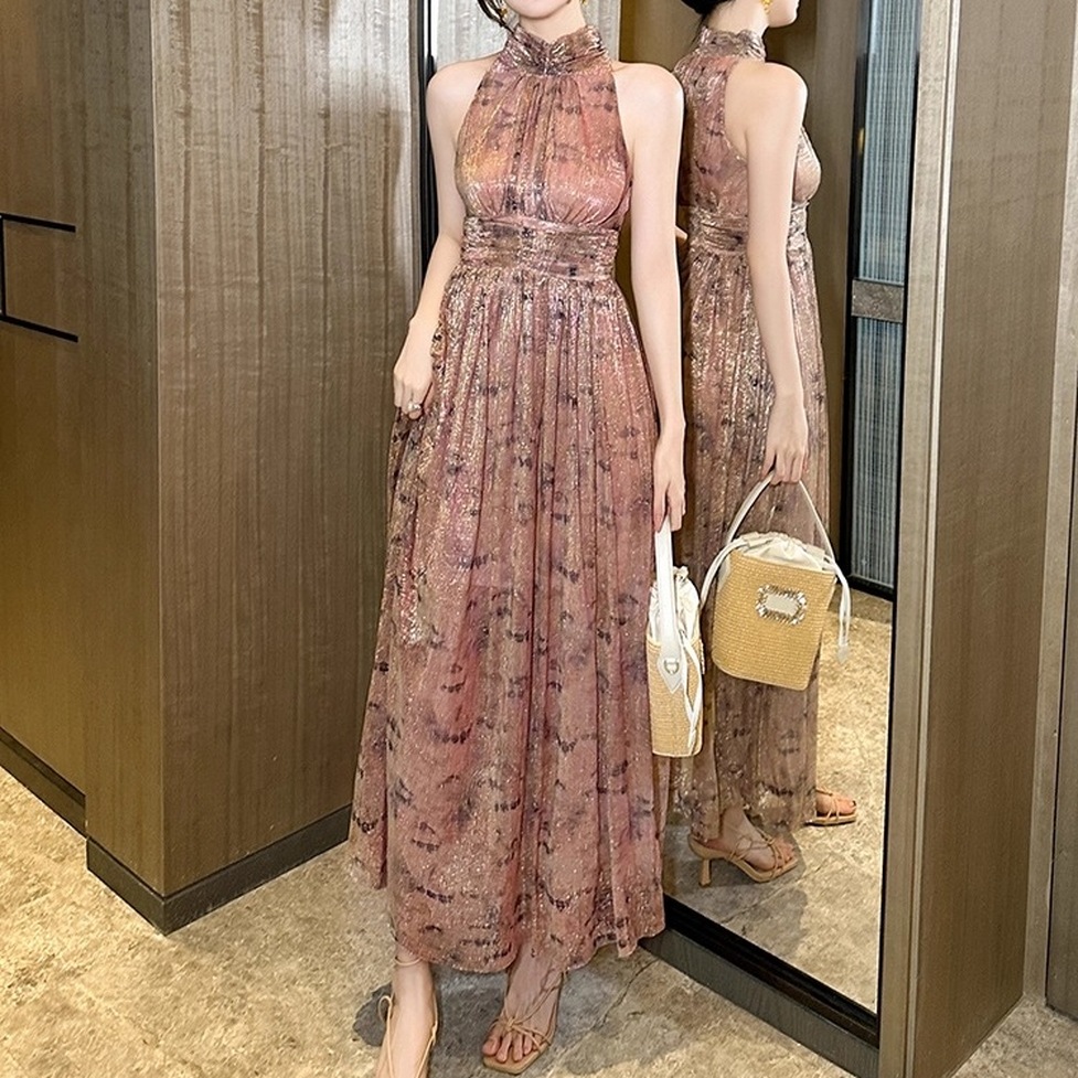 ワンピース ドレス パーティドレス お呼ばれドレス ロングワンピース フレアワンピース ノースリーブロングフレアドレス ハイネック ノースリーブ 袖なし ロング丈 総柄 フレア レディース