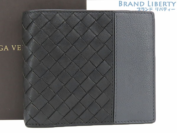 新古品ボッテガヴェネタイントレチャートバイカラー二つ折り財布コンパクト財布ブラックグレーウォッシュドラムスキン193642
