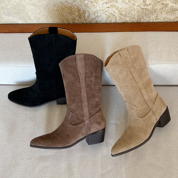 ウエスタンブーツ ミドルブーツ スエード レディース ローヒール 黒 茶 ブラック ブラウン ベージュ 歩きやすい 痛くない カジュアル シンプル 靴 婦人靴 韓国
