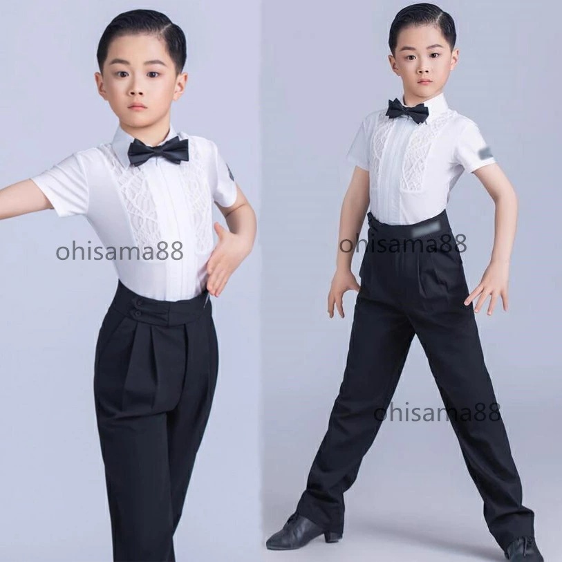 人気 社交ダンス衣装 短袖 キッズ用 試合 チャチャ 上下セット ラテンダンス衣装 子供 ラテンダンスウエア トップス 2点セット：上着+パンツ ダンス 発表会 演出服 ダンス服 男の子 練習着 ラテ