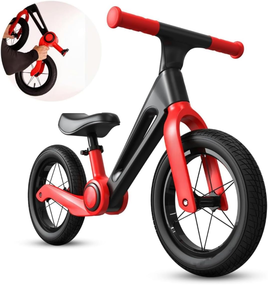 Little Bean ペダルなし自転車 キックバイク キッズバイク 12インチ エアタイヤ 折りたためる サドル調整可能 2～7歳 ワンタッチ組立 子供の誕生日プレゼント (ブラック＋レッド, 12