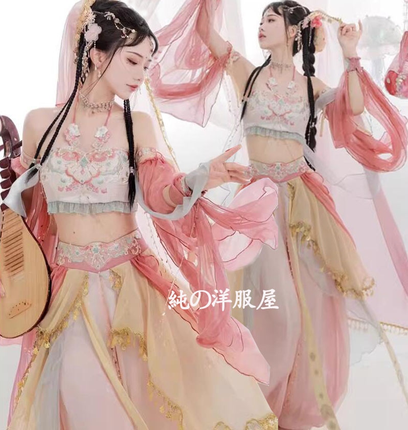 中華風アラビアン コスプレ衣装 ピンク系 ベールとリボンの姫袖付き ひらひらの5点セット 大人 中華 飛天 漢唐古典風 ダンス衣装 裾フリル付きのブラトップ スカーフ付きひらひらのアラジンパンツ ベ 8,808円