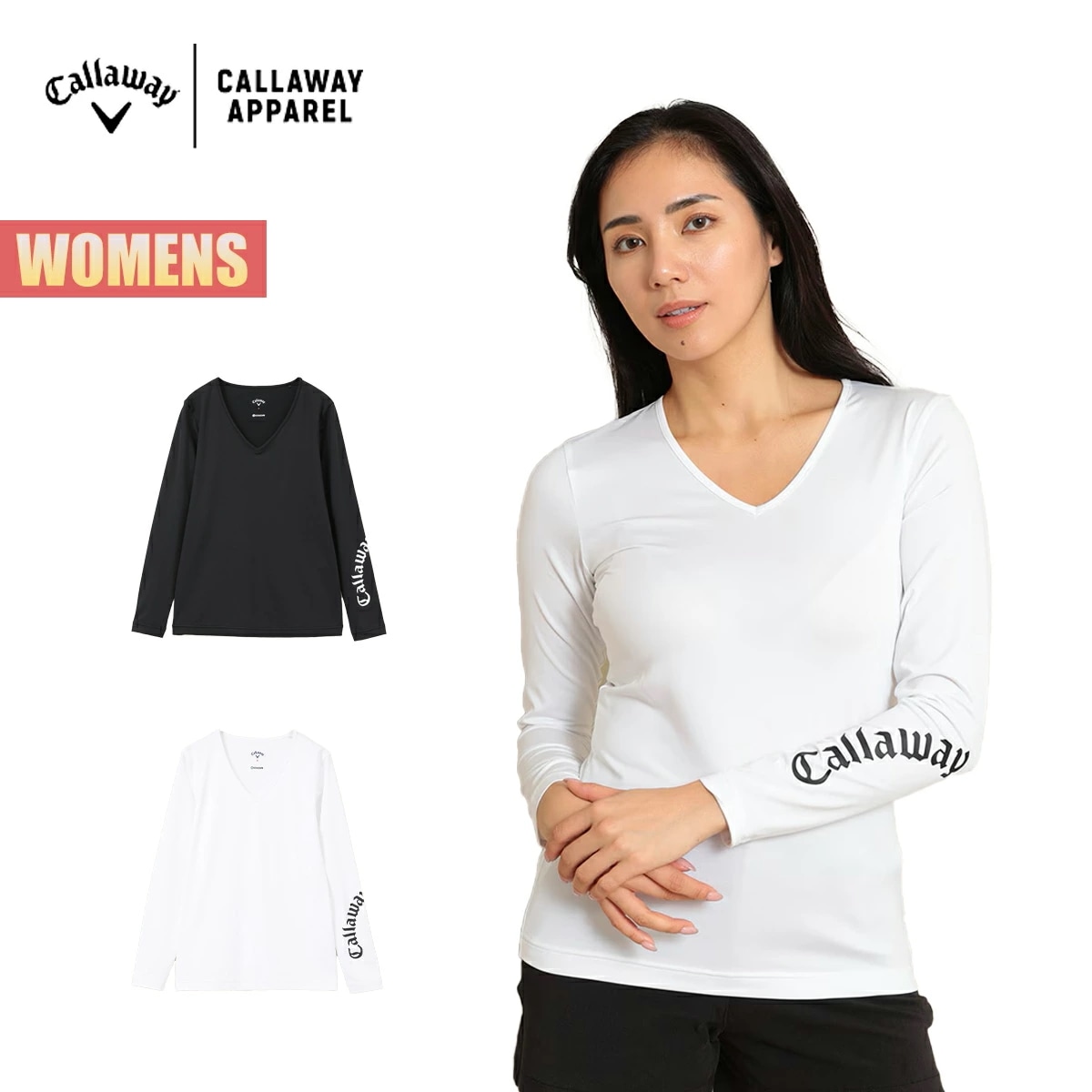 ゴルフウェア レディース クールコア天竺Vネックインナーシャツ 吸汗 速乾 紫外線カット UVカット 冷却効果 レイヤード 長袖 アンダーシャツ ウィメンズ ブラック ホワイト シンプル
