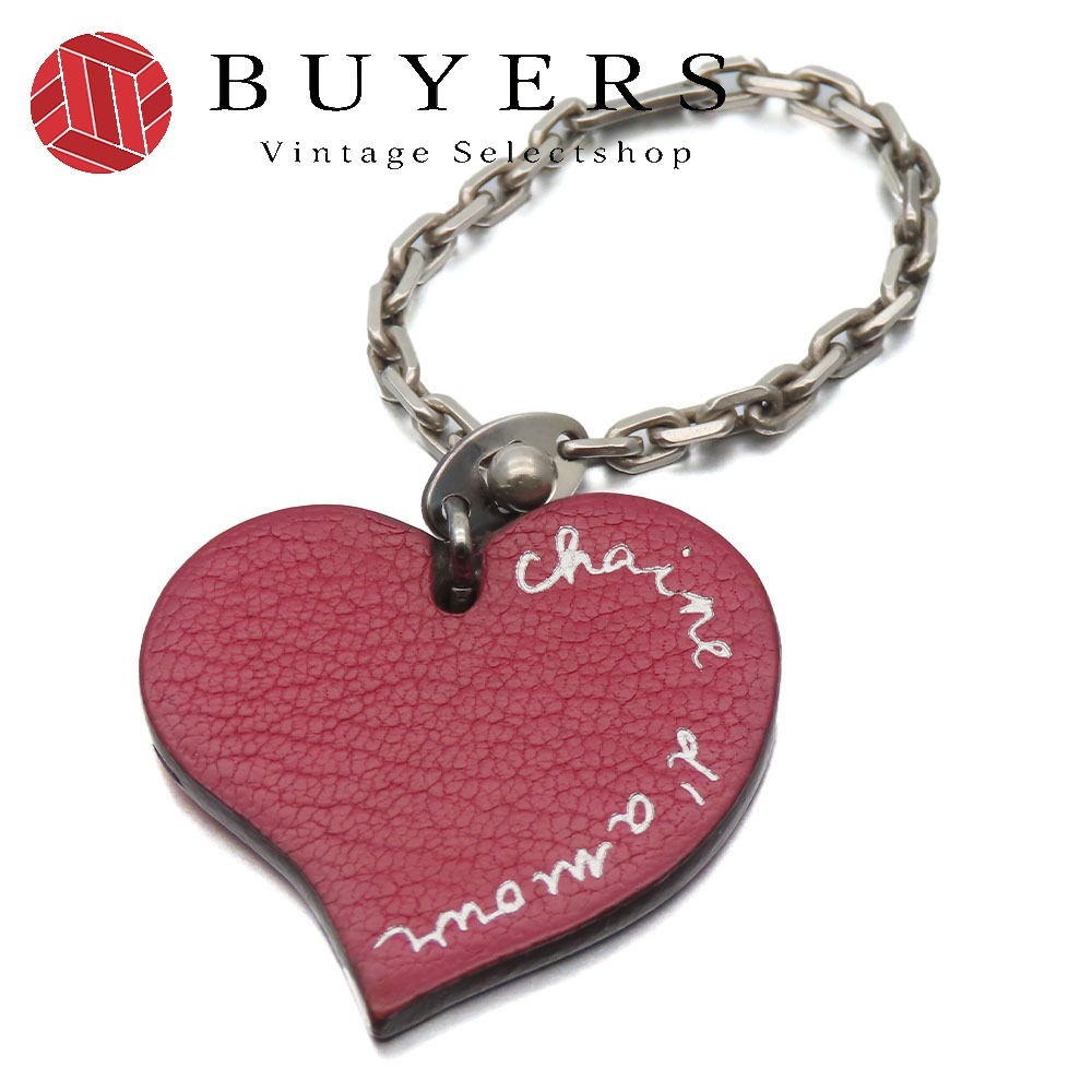 中古 バッグチャーム レザー シルバー925 オレンジ ピンク シルバー金具 ハート キーホルダー アクセサリー レディース 女性