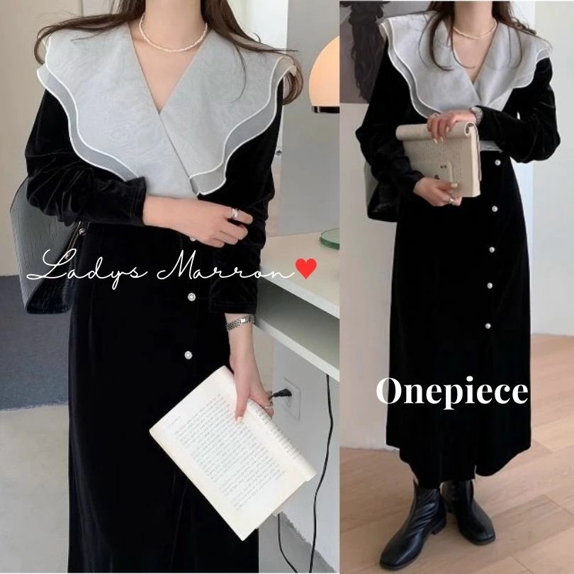 【即納】量産型 服 ワンピース フレンチガーリー ワンピース 可愛い服 ガーリーワンピース 地雷系 かわいいワンピース 韓国ワンピース 大きい襟 バイカラーワンピース プチプラ 黒ワンピース 異素材