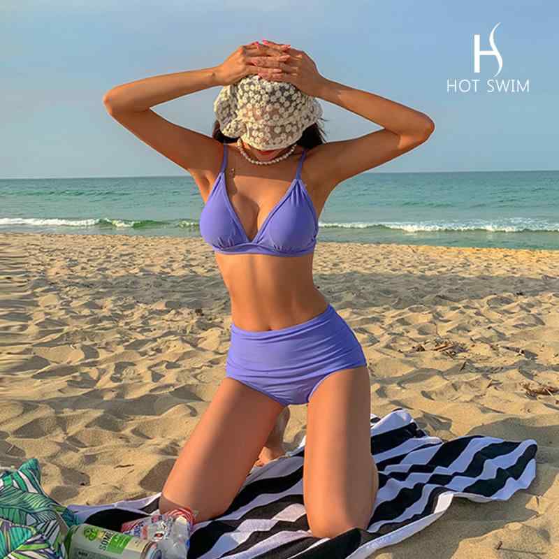 ビキニ レディース 水着 上下セット セパレート ビーチ 旅行 温泉 胸パッドあり ワイヤーなし ハイウエスト 三角 無地 おしゃれ 紫 9,679円