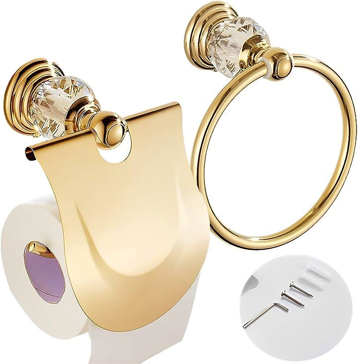 トイレットペーパーホルダー おしゃれ カバーネジ留め タオルリング 2点セット ゴールド(ゴールド)