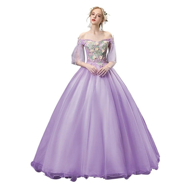 パープル　オフショルダー　カラードレス　二次会ドレス　パーティードレス　ウェディングドレス　演出舞台　発表会　演奏会用ドレス ロングドレス プリンセスライン　司会　ステージ衣装・二次会・花嫁衣裳にも