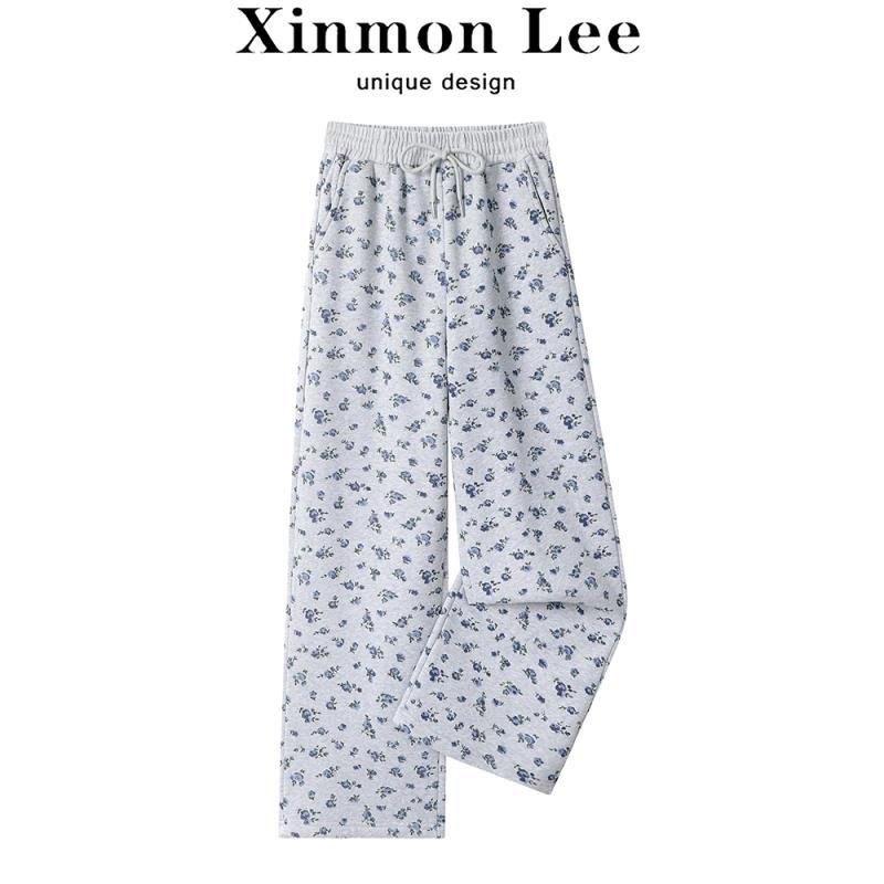 パンツ レディース 冬 カジュアル ハイウエスト 花柄 スウェット ベルベット ワイド レッグ 快適 スリミング ロング