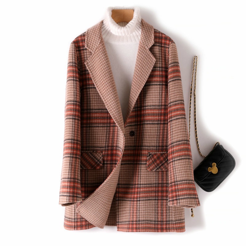 小柄な両面カシミヤコート女性2023秋冬新型修身ショートスーツ毛コート格子ファッション
