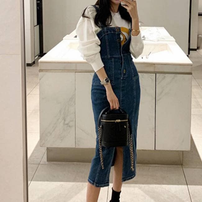 ジャンパースカート デニムワンピース サロペットスカート ミモレ丈 ジーンズ フロントボタン フロン