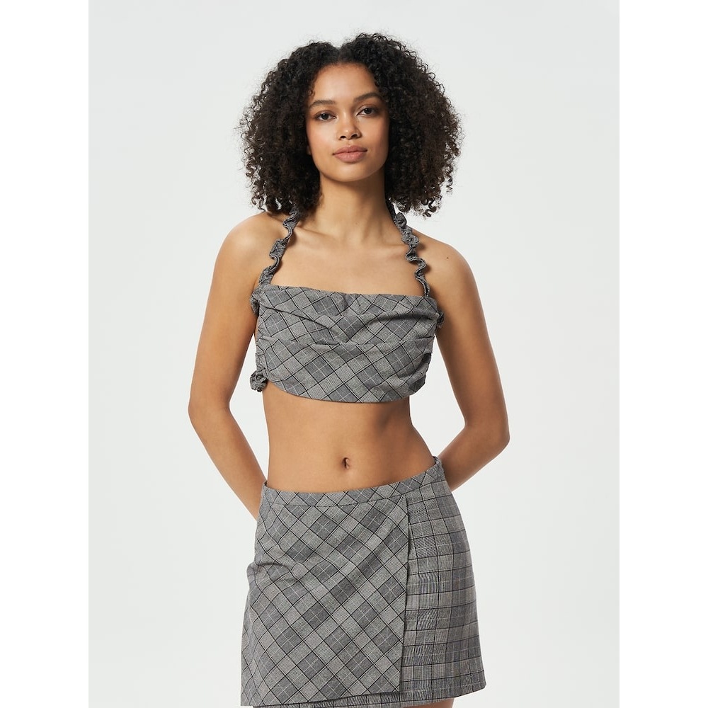 ギャニーチェックミックスシャーリングトップ-グレー QN4260R013