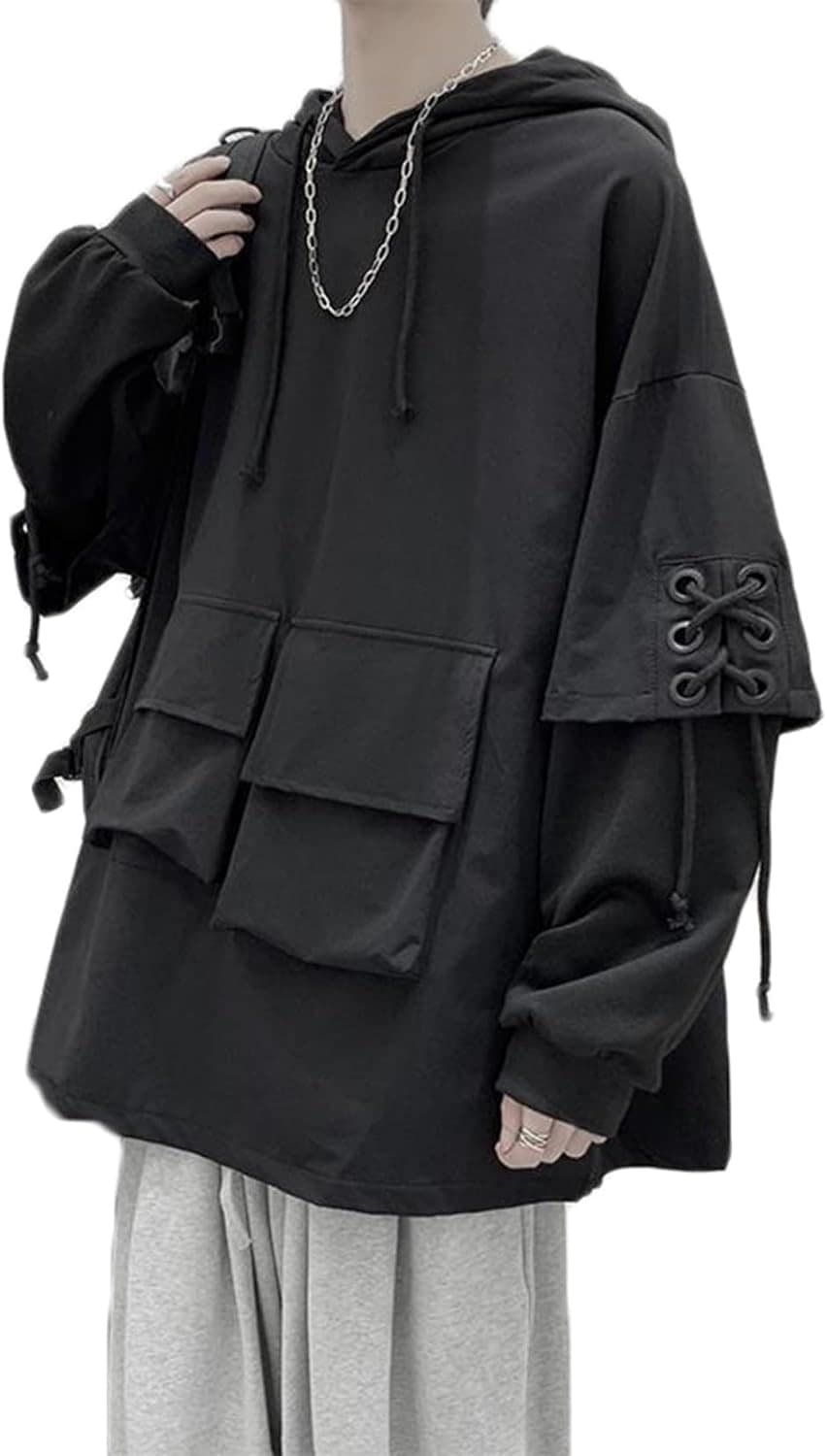 フルオーバー s-3xl メンズ 長袖パーカー フード付き メンズ 個性的 ポケット付き ひも付き レイヤード 春服 上着 デイリー 快適 薄手 ワーク 韓国風 通学 ランニング ウォーキング ブラッ