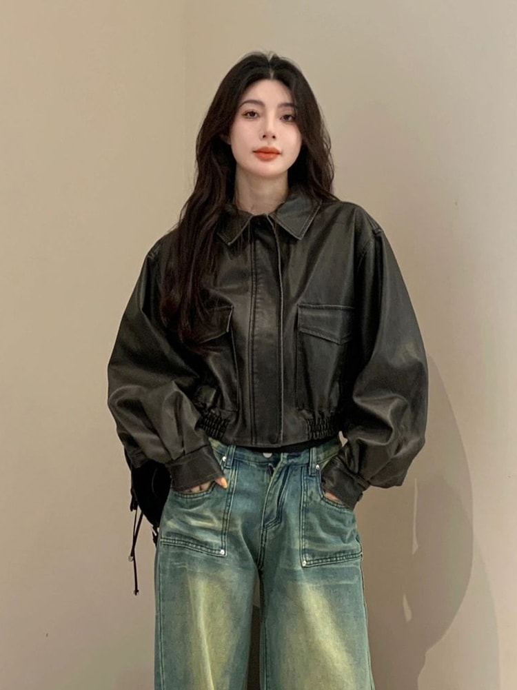 韓国レトロなデザイン感PUレザージャケットアウター女子2023秋冬新作小柄ストリートブラックトップスインスタ