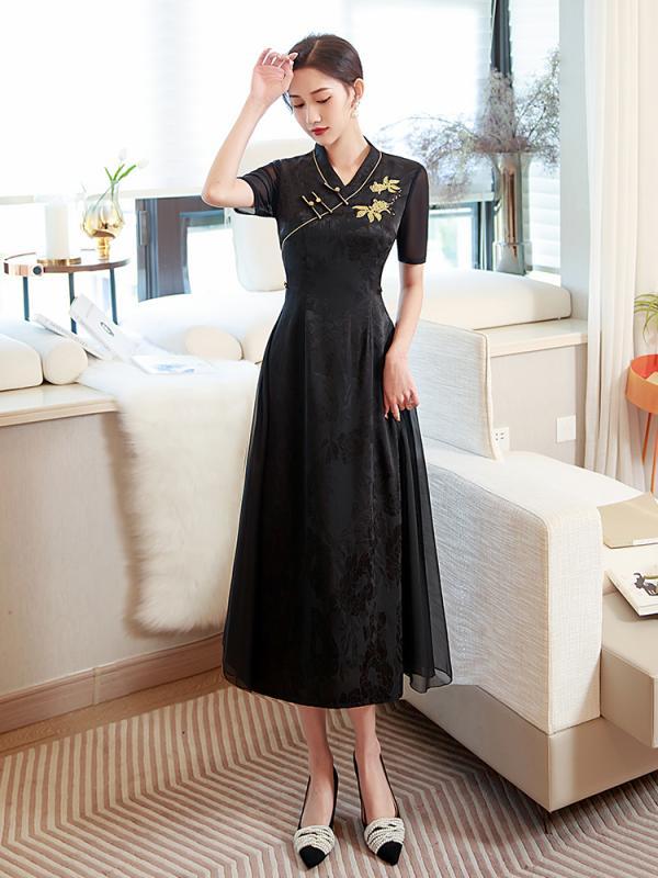 チャイナドレス レディース パーティー イベント フォーマル お呼ばれ コスプレ 大きいサイズ ワンピース 夏 エレガント ミモレ丈 半袖 ブラック ホワイト スタンドカラー レトロ 斜め襟 おしゃれ